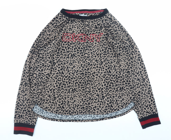DKNY Women Beige Leopard Print Pullover Jumper Size L Long Sleeve