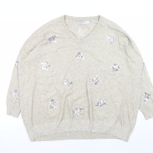 Haven Women Beige Sequin Star V-Neck Relaxed Pullover Jumper One Size