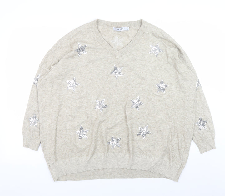 Haven Women Beige Sequin Star V-Neck Relaxed Pullover Jumper One Size