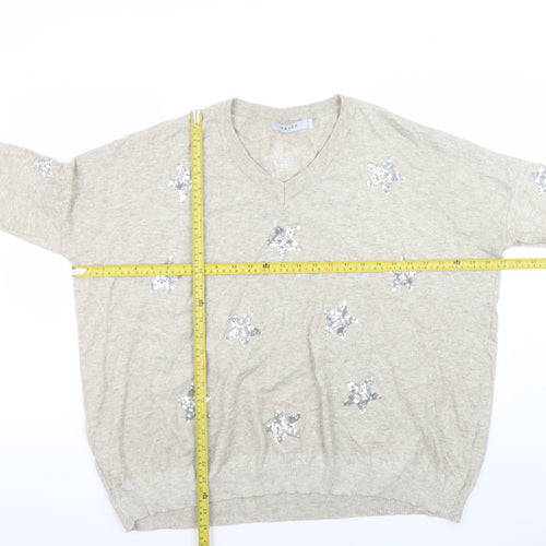 Haven Women Beige Sequin Star V-Neck Relaxed Pullover Jumper One Size