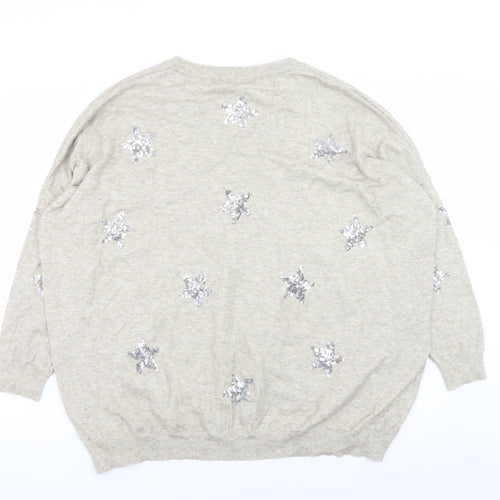 Haven Women Beige Sequin Star V-Neck Relaxed Pullover Jumper One Size