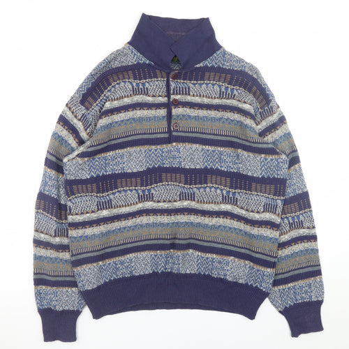 Mc Lauren's Men's Blue Geometric Henley Jumper M Vintage Knitwear