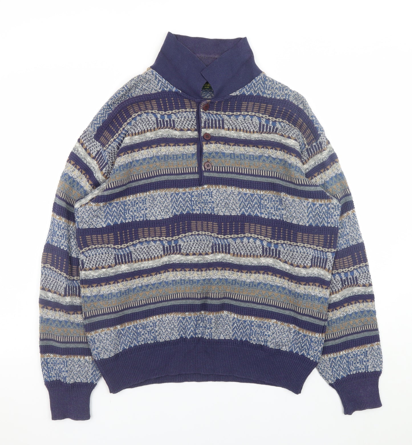 Mc Lauren's Men's Blue Geometric Henley Jumper M Vintage Knitwear