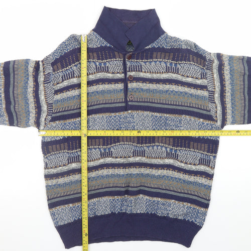 Mc Lauren's Men's Blue Geometric Henley Jumper M Vintage Knitwear