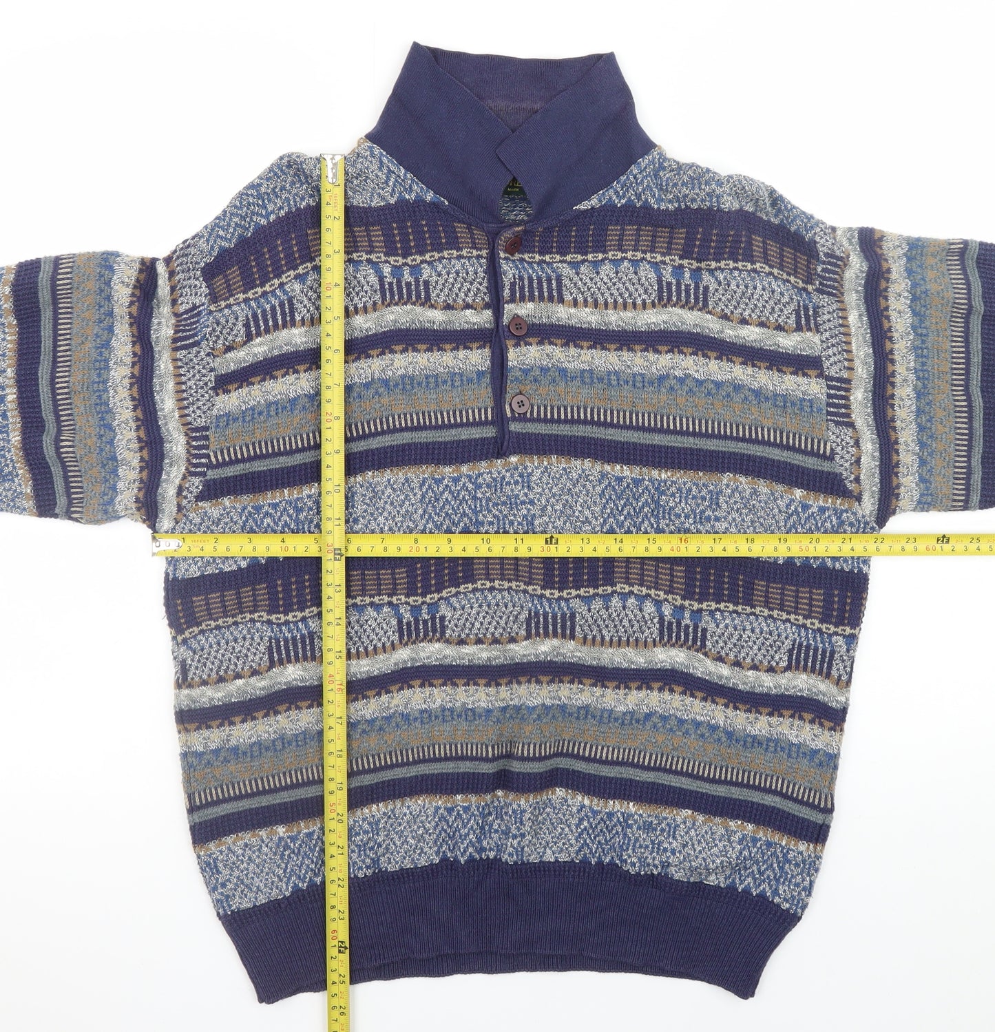 Mc Lauren's Men's Blue Geometric Henley Jumper M Vintage Knitwear