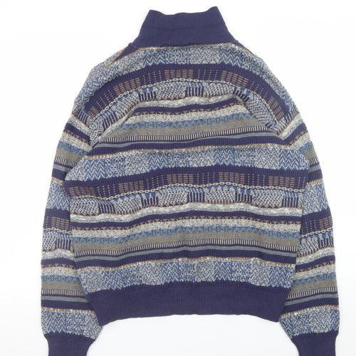 Mc Lauren's Men's Blue Geometric Henley Jumper M Vintage Knitwear
