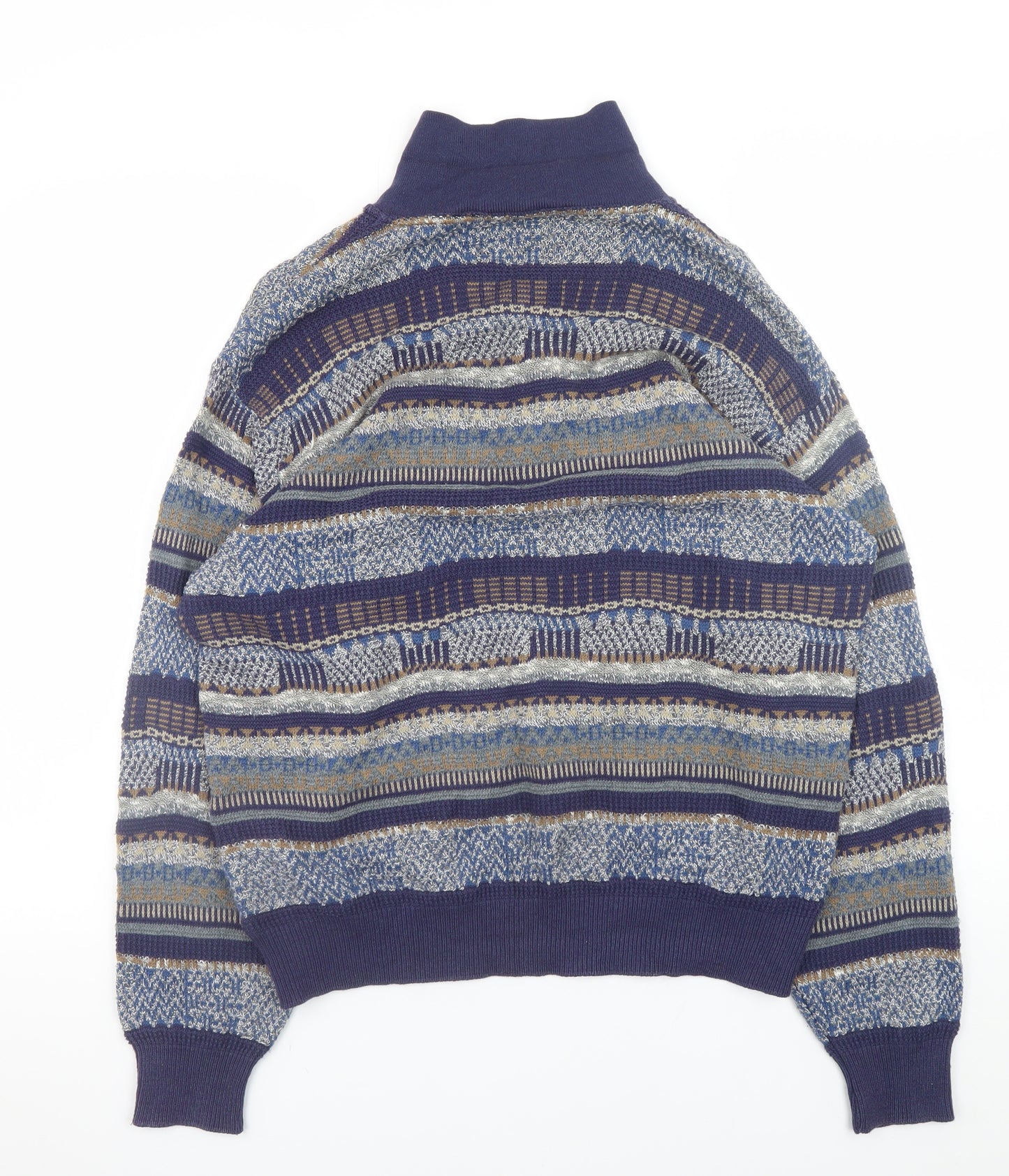 Mc Lauren's Men's Blue Geometric Henley Jumper M Vintage Knitwear