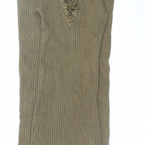 Missguided Women’s Khaki Ribbed Lace Up Long Sleeve Bodycon Dress Size 12