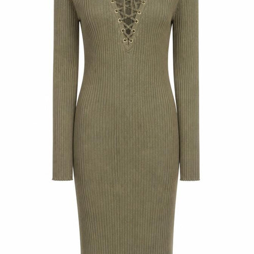 Missguided Women’s Khaki Ribbed Lace Up Long Sleeve Bodycon Dress Size 12