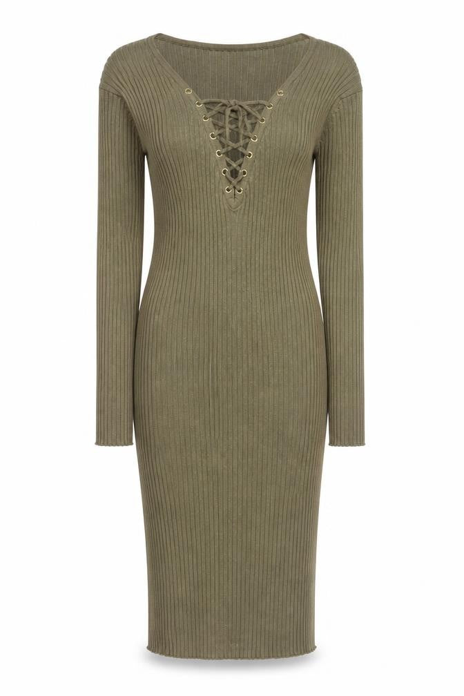 Missguided Women’s Khaki Ribbed Lace Up Long Sleeve Bodycon Dress Size 12
