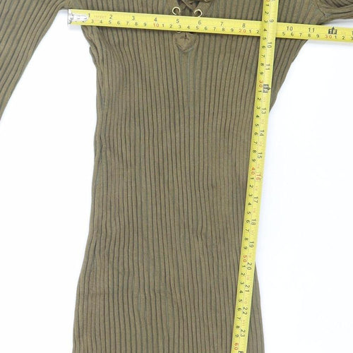 Missguided Women’s Khaki Ribbed Lace Up Long Sleeve Bodycon Dress Size 12