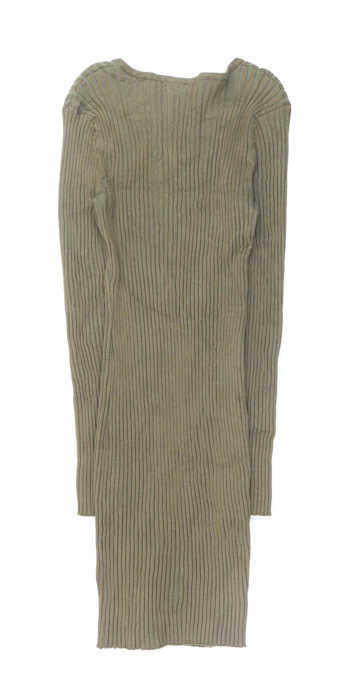 Missguided Women’s Khaki Ribbed Lace Up Long Sleeve Bodycon Dress Size 12