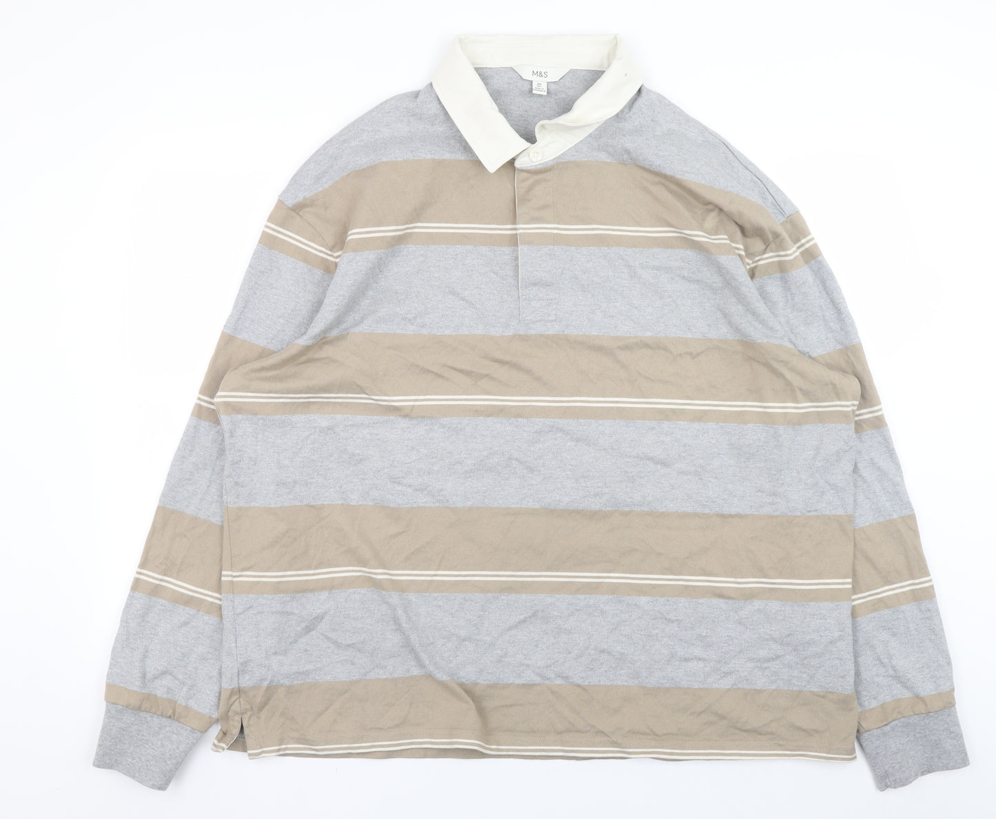 Marks and Spencer Mens Beige Grey Striped Collared 2XL Pullover Sweatshirt