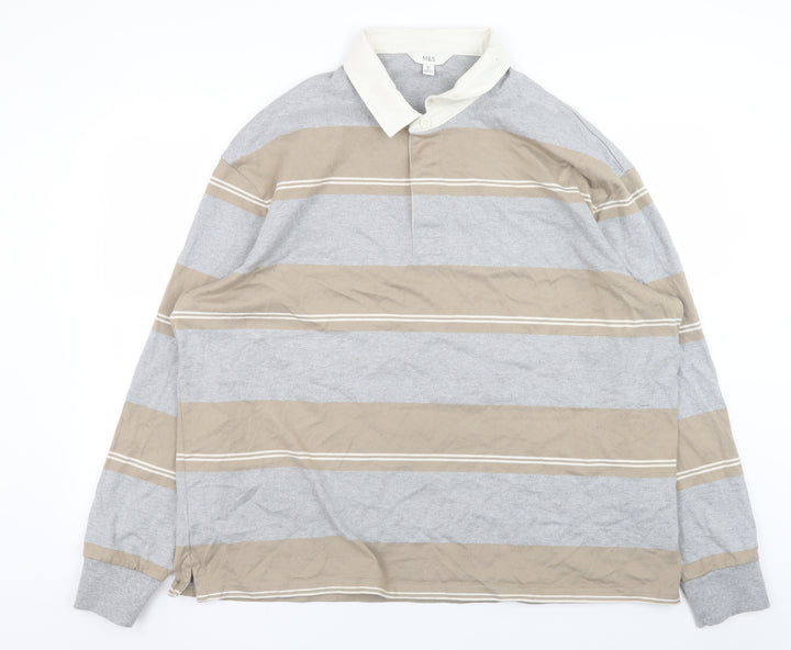 Marks and Spencer Mens Beige Grey Striped Collared 2XL Pullover Sweatshirt