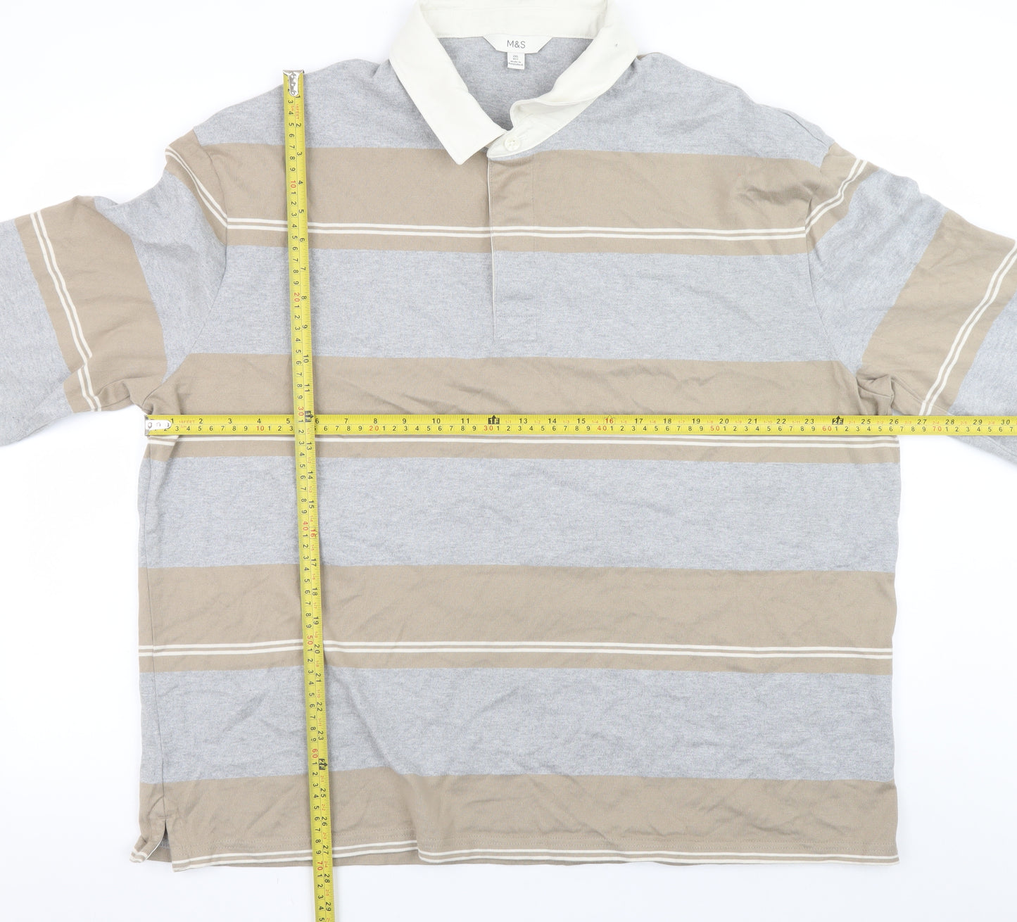 Marks and Spencer Mens Beige Grey Striped Collared 2XL Pullover Sweatshirt