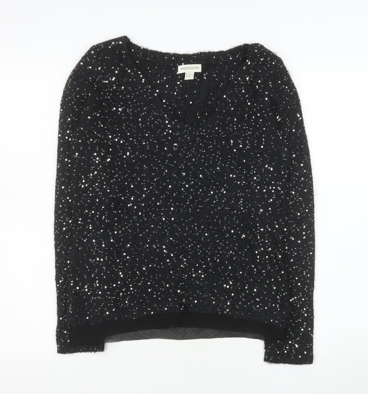 Monsoon Women's Black Sequin V-Neck Pullover Jumper Size 8