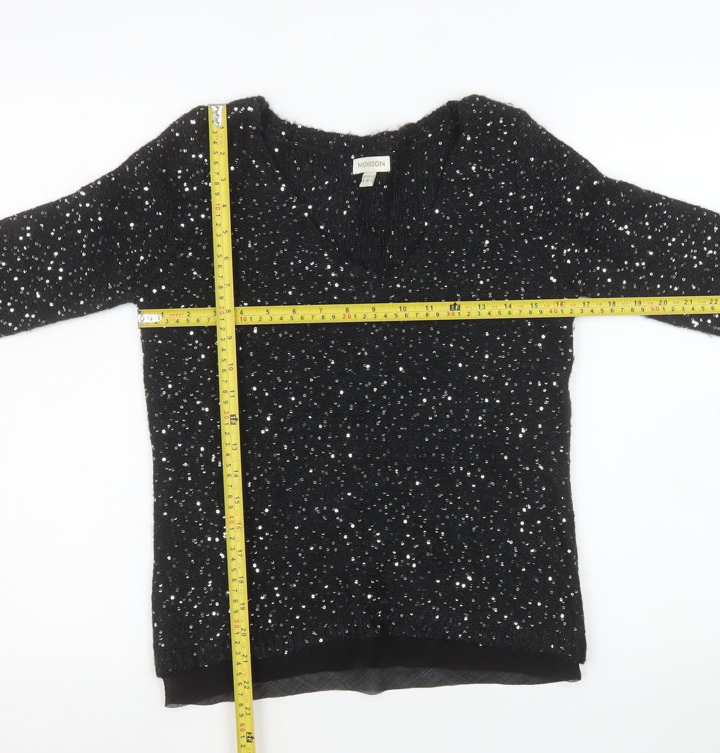 Monsoon Women's Black Sequin V-Neck Pullover Jumper Size 8