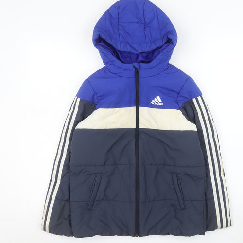 Adidas Boys Blue Colourblock Hooded Puffer Jacket 9-10 Years
