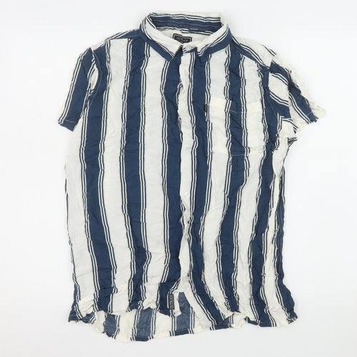 Outrage London Men's Blue Striped Short Sleeve Button-Up Shirt L