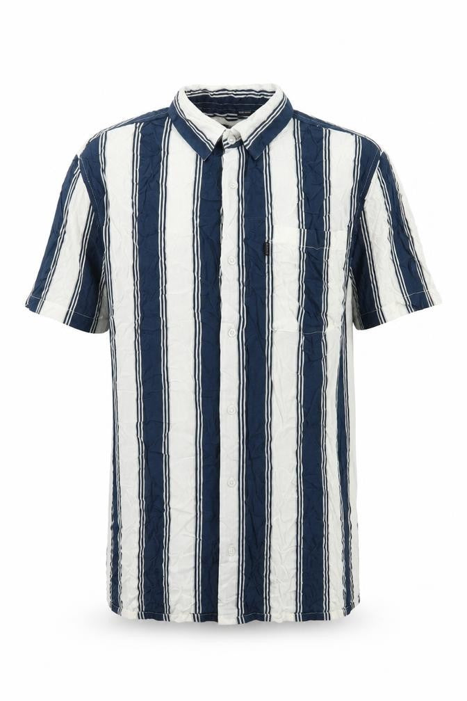 Outrage London Men's Blue Striped Short Sleeve Button-Up Shirt L