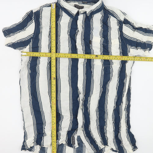 Outrage London Men's Blue Striped Short Sleeve Button-Up Shirt L