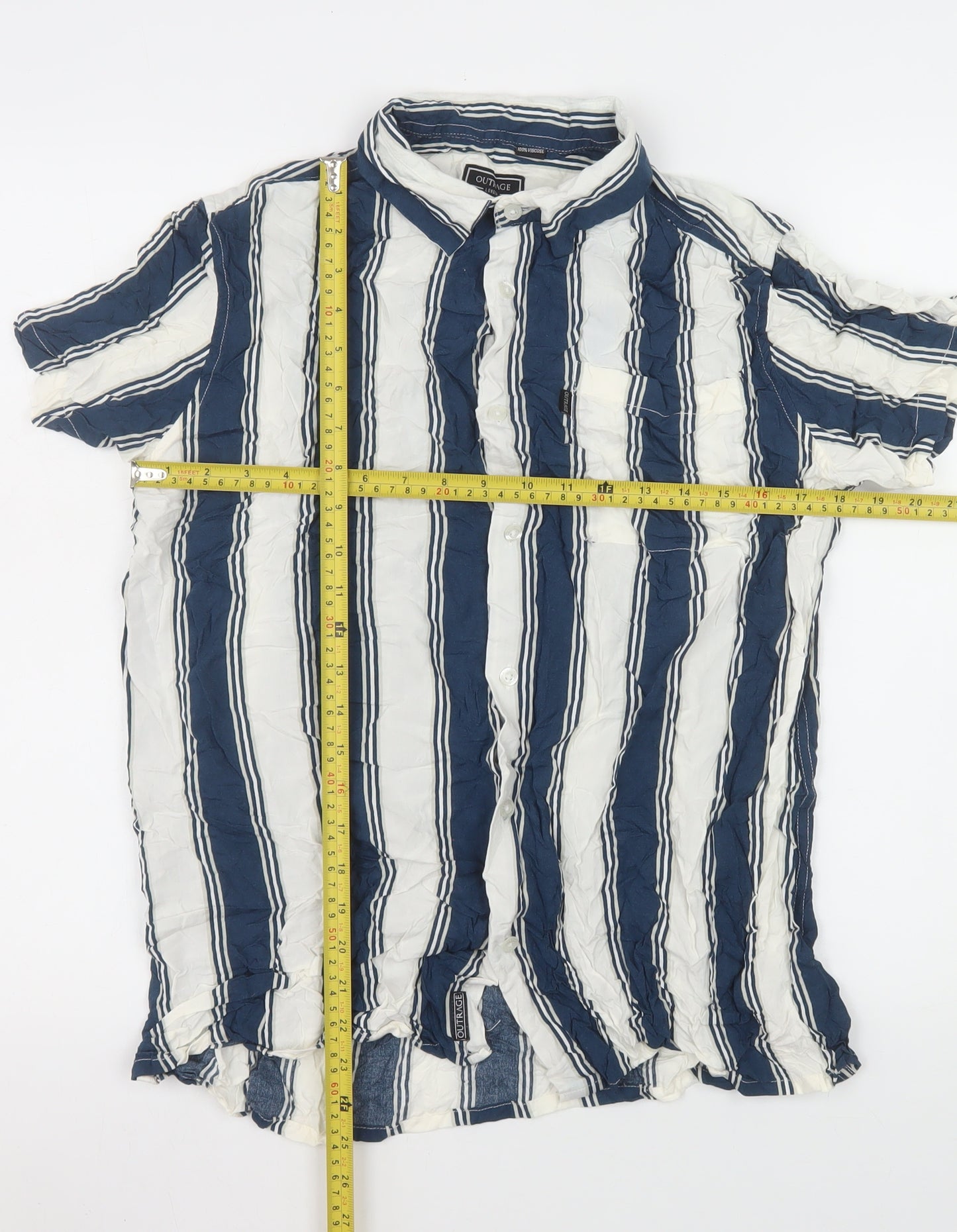 Outrage London Men's Blue Striped Short Sleeve Button-Up Shirt L