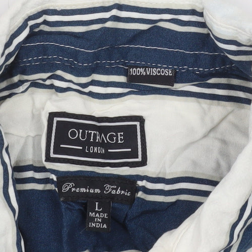 Outrage London Men's Blue Striped Short Sleeve Button-Up Shirt L