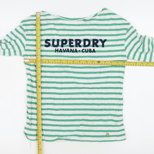 Superdry Women Green Striped Long Sleeve Boat Neck T-Shirt UK 6