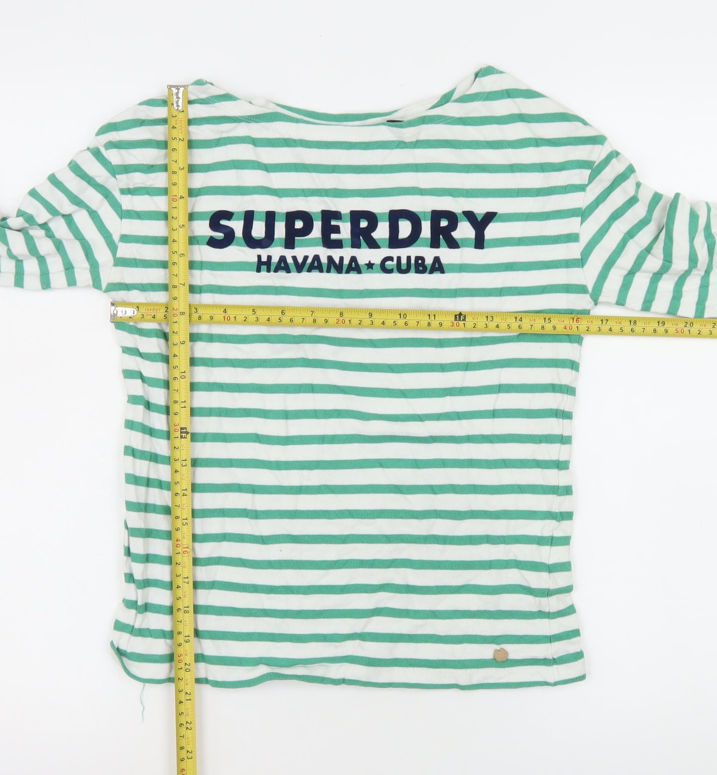 Superdry Women Green Striped Long Sleeve Boat Neck T-Shirt UK 6