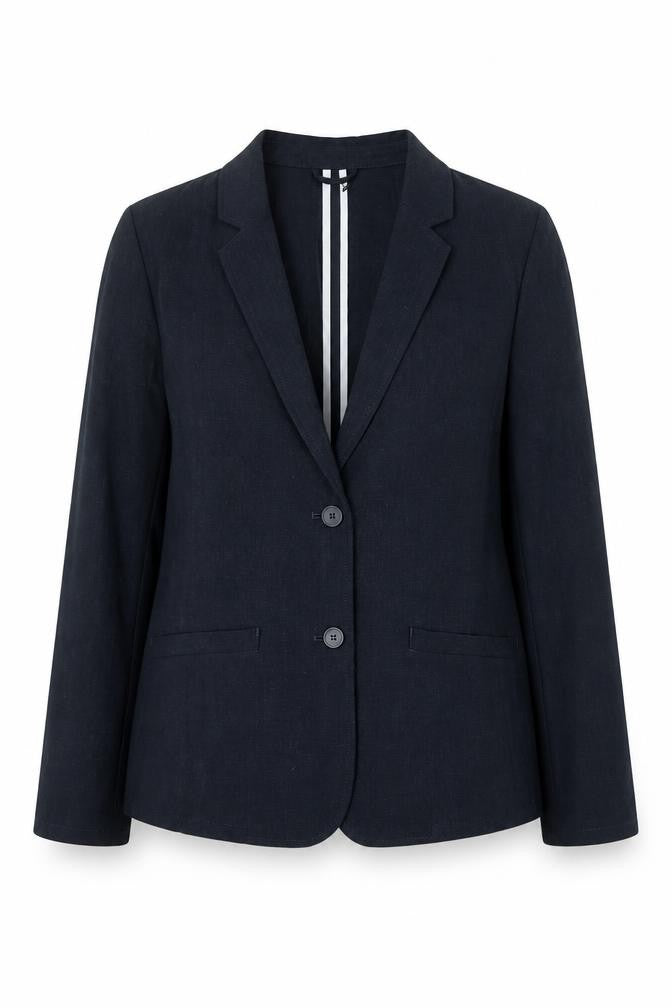 Front view of Rohan Women's Black Linen Blend Two Button Blazer, size 16