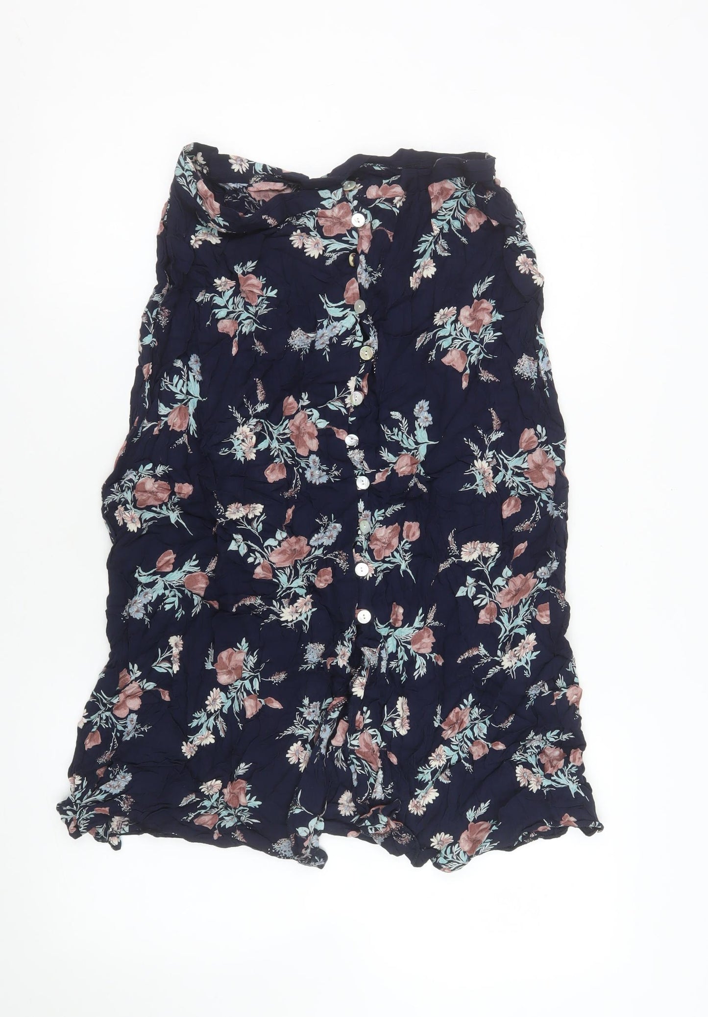 Etam Womens Blue Floral Button A-Line Knee Length Skirt Size 16