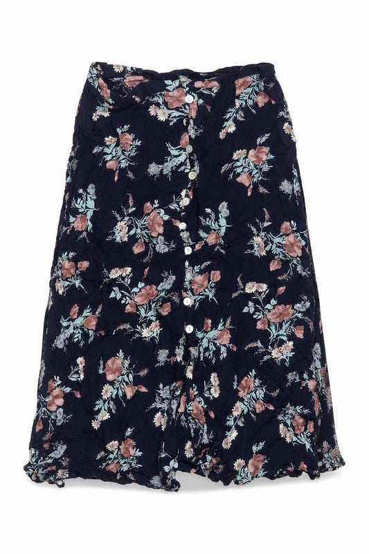 Front view of Etam women’s blue floral button a-line knee length skirt, size UK 16