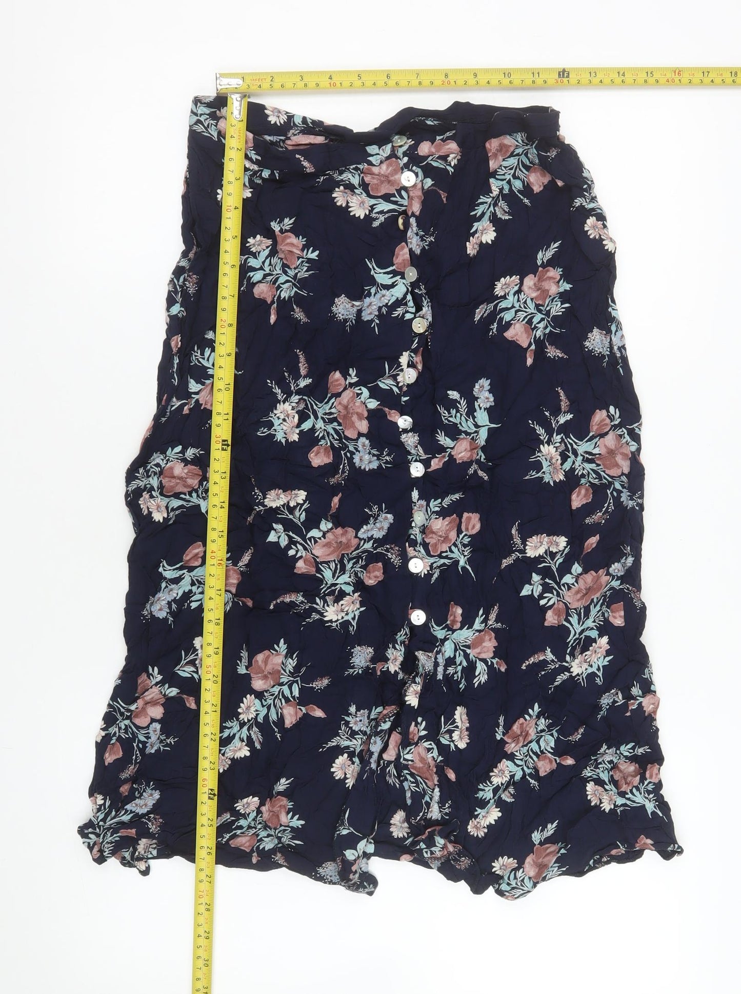 Etam Womens Blue Floral Button A-Line Knee Length Skirt Size 16