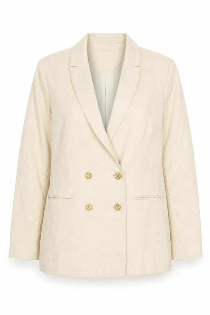 Front view of Saint + Sofia Women Beige Double-Breasted Blazer UK 14 Lined Cotton