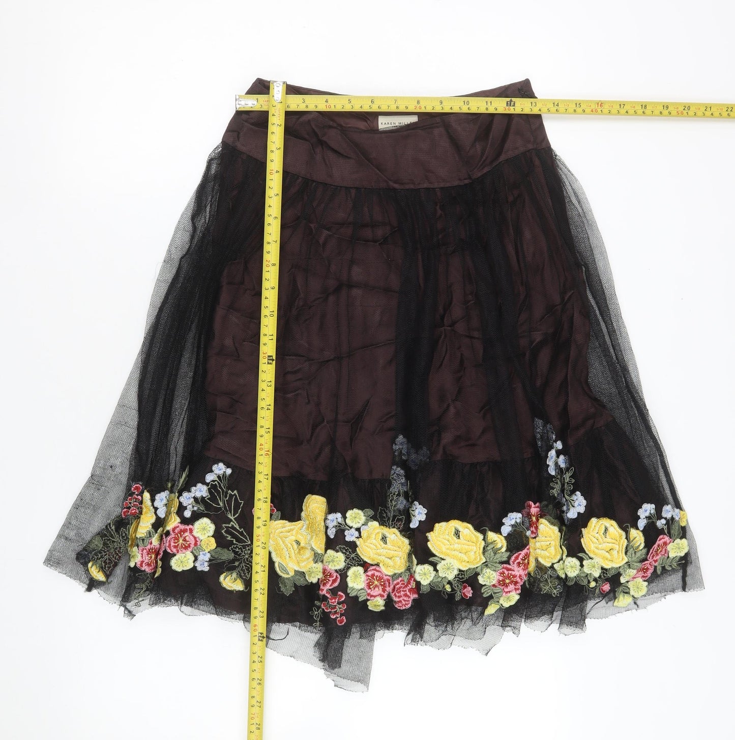 Karen Millen Women Black Floral Embroidered A-Line Skirt Size 8