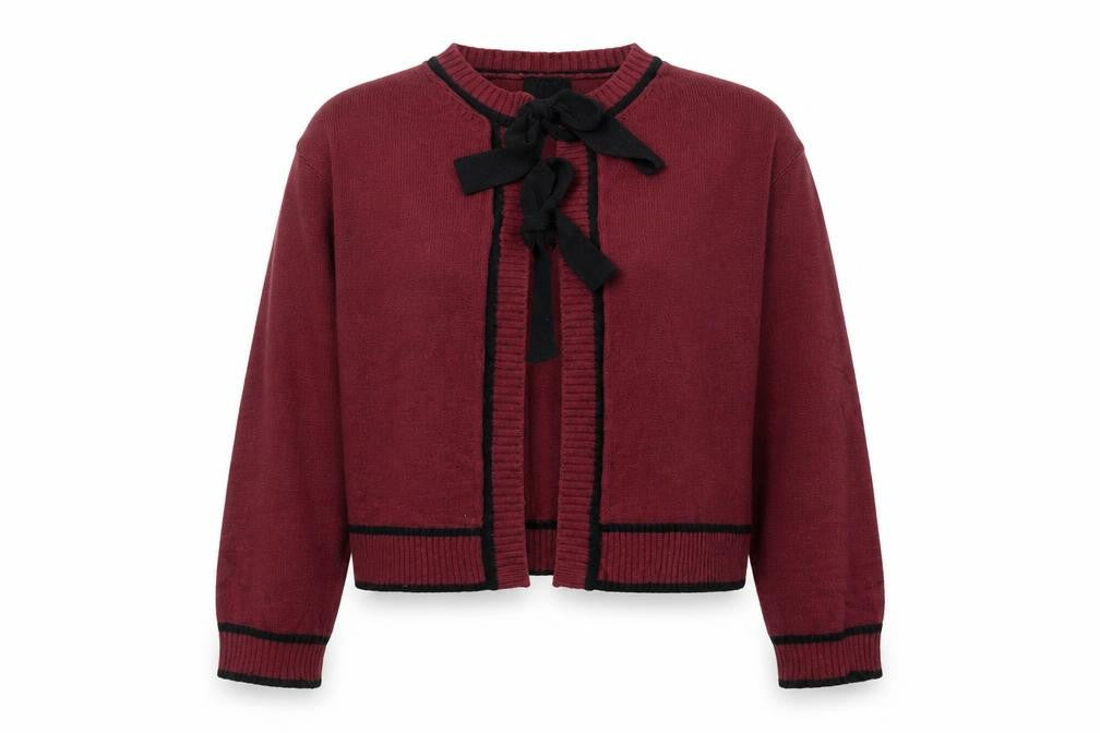 Savida Women Red Bow Trim Knit Cardigan Size 14