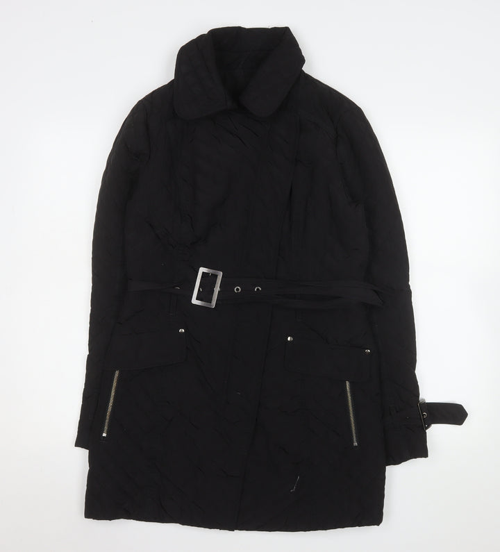 Next Women’s Black Quilted Belted Coat Size 12 Mid-Length