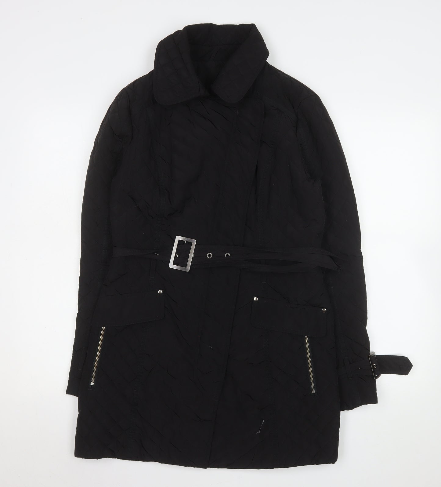 Next Women’s Black Quilted Belted Coat Size 12 Mid-Length