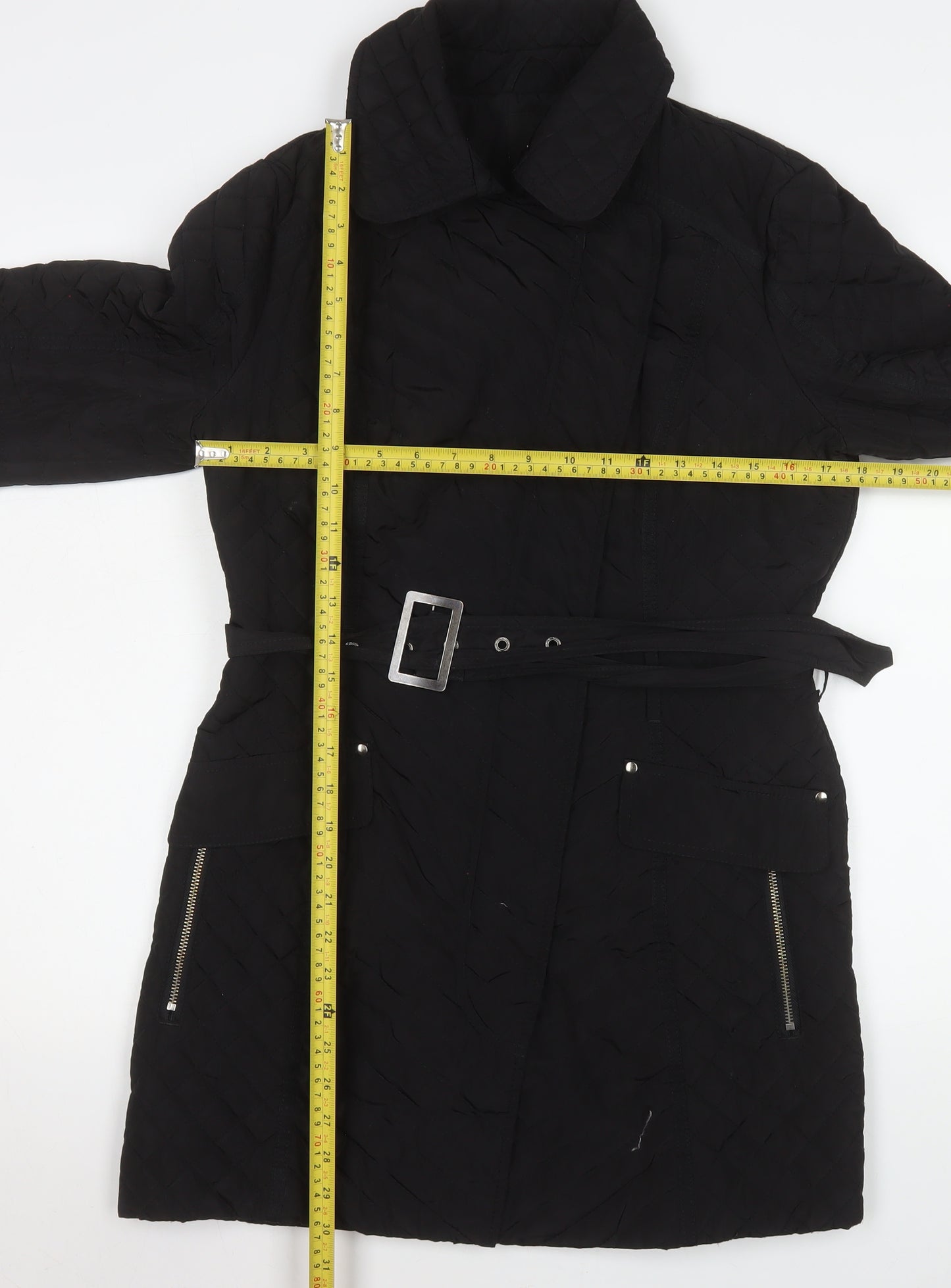 Next Women’s Black Quilted Belted Coat Size 12 Mid-Length