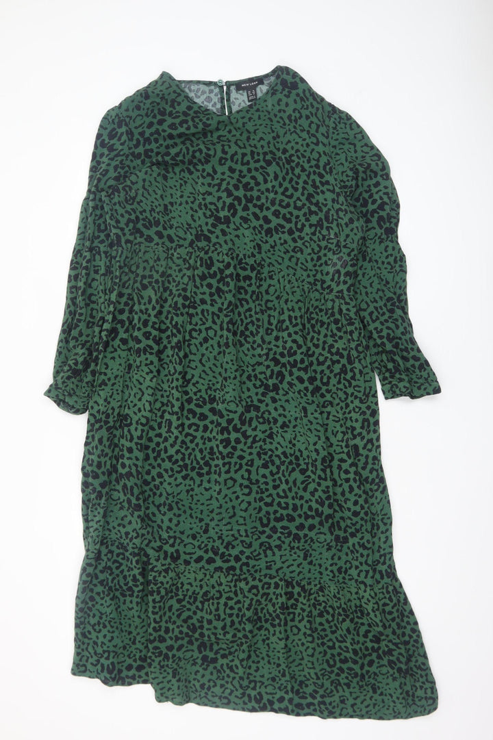 New Look Women Green Leopard Print Midi A-Line Dress Size 16