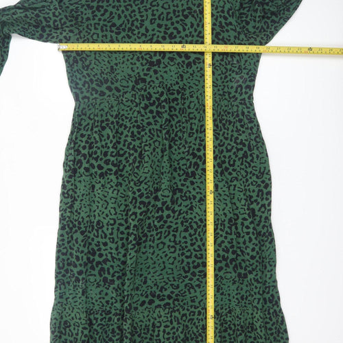 New Look Women Green Leopard Print Midi A-Line Dress Size 16