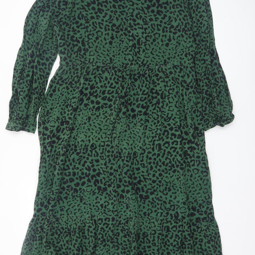 New Look Women Green Leopard Print Midi A-Line Dress Size 16