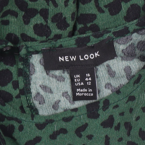 New Look Women Green Leopard Print Midi A-Line Dress Size 16