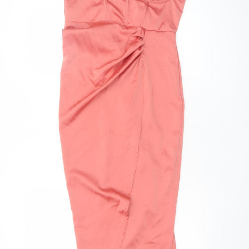 PrettyLittleThing Women Pink Midi Bodycon Dress Size 10 Ruched Satin Zip