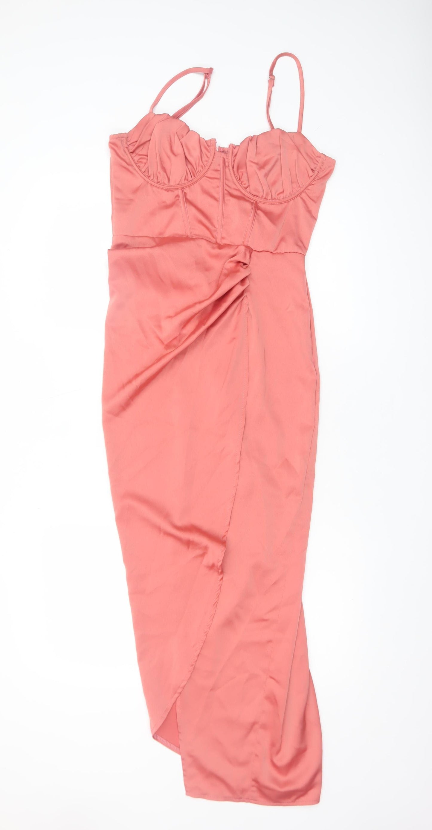 PrettyLittleThing Women Pink Midi Bodycon Dress Size 10 Ruched Satin Zip