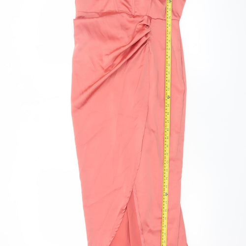 PrettyLittleThing Women Pink Midi Bodycon Dress Size 10 Ruched Satin Zip