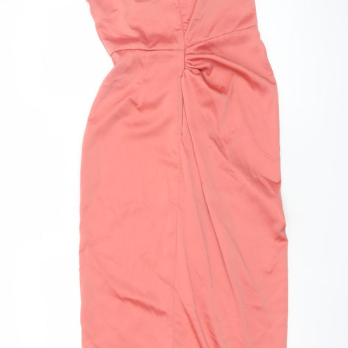 PrettyLittleThing Women Pink Midi Bodycon Dress Size 10 Ruched Satin Zip