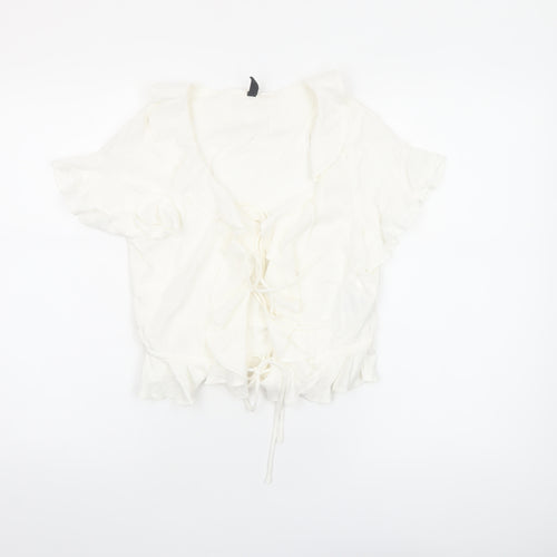H&M Divided Women’s Ivory Cropped Tie Front Ruffle Blouse Size 8