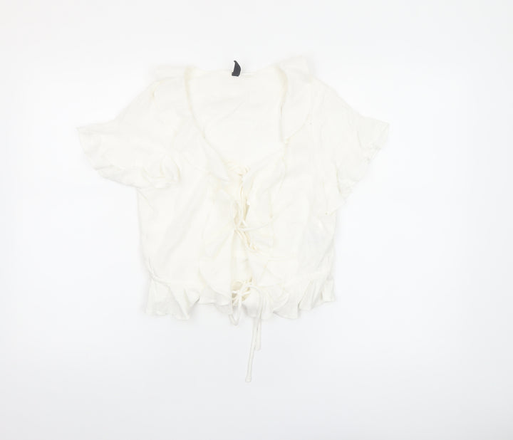 H&M Divided Women’s Ivory Cropped Tie Front Ruffle Blouse Size 8