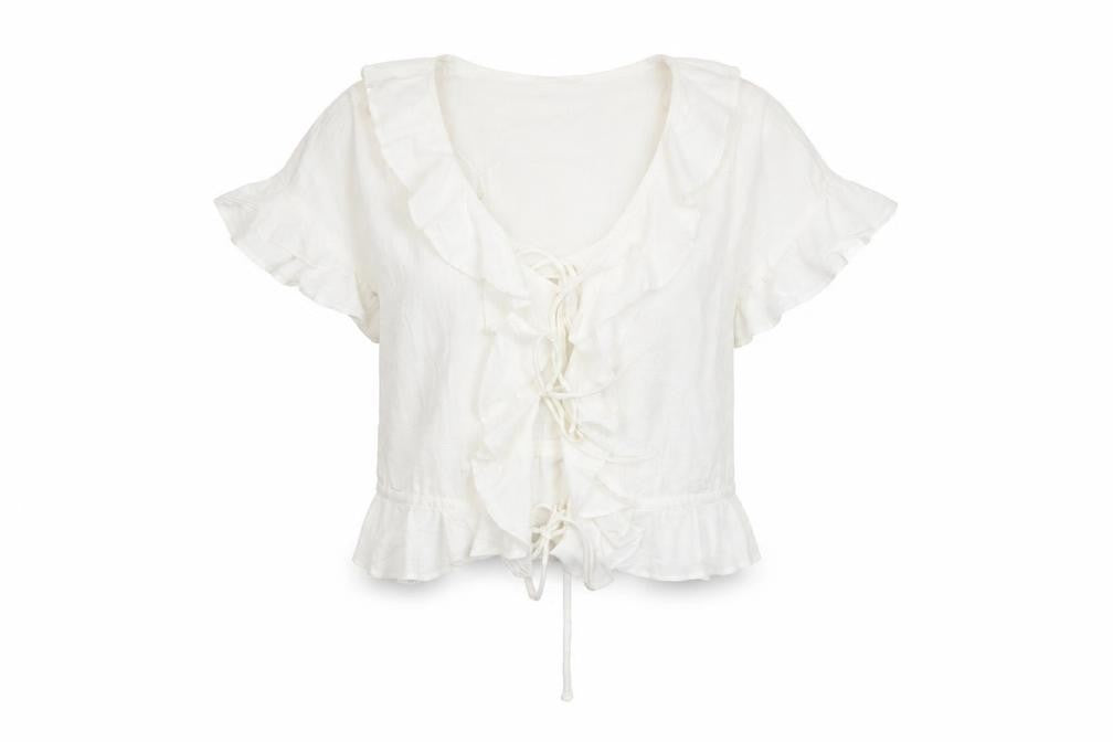 Front view of H&M Divided Women’s Ivory Cropped Tie Front Ruffle Blouse, size UK 8